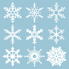 Fototapeta premium Snowflake icons. Snowflake Vectors. Snowflakes set. Background for winter and christmas theme. Snowflake icons Isolated on Blue Background. Vector illustration. Elements for design. EPS10.