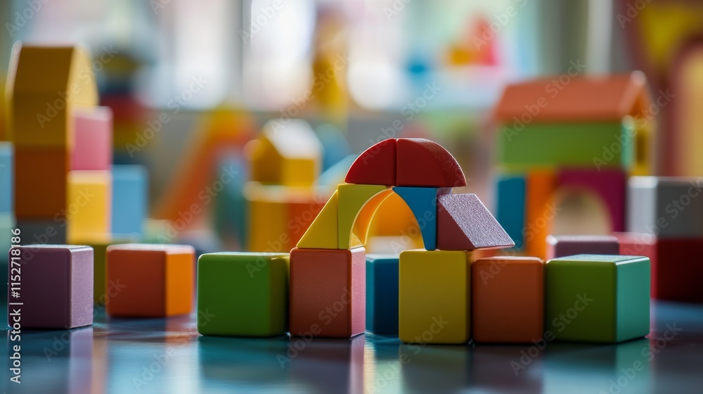 Poster a creative building blocks scene in a children's playroom, blocks arranged in a whimsical pattern, p