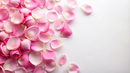 Pink rose petals scattered on a soft white background, delicate, lovely,  delicate, lovely, rose petals, pink,color palette