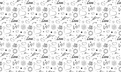 Love doodles seamless pattern. Repeating design element for printing on fabric. Hearts and inscriptions. Romance and love, passion. Wallpaper and texture. Linear vector illustration