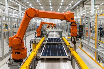 Energy-efficient manufacturing technology. Automated machinery in a solar panel production facility.
