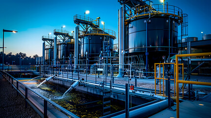Industrial Processing Tanks at Night with Blue Sky and Lights