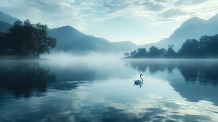 Serene Swan on Misty Mountain Lake at Dawn: A Breathtaking View of Tranquil Nature