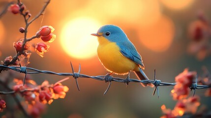 Obraz premium A vibrant blue and yellow bird perched on barbed wire, surrounded by blossoms at sunset.