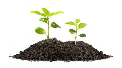 White background with a significant dirt pile of soil standing out, Pure earthy substance in a simple setting, Dirt pile showing natural texture and color of soil, Earthy element on plain white 