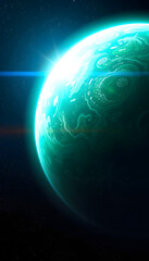 green planet from space, 8k, with white tones