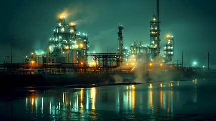 Obraz premium Industrial Complex at Night with Reflections on Water Surface