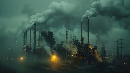 Obraz premium Industrial Complex at Night with Smoke and Pollution in Atmosphere