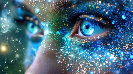 Woman's face with sparkling blue eyes.