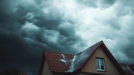 Storm clouds loom over house roof.