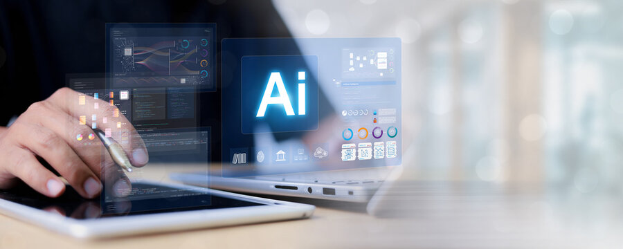 AI Artificial Intelligence. Businessman using AI technology for data analysis, coding computer language with digital brain, Programming Web Development Coding Concept.