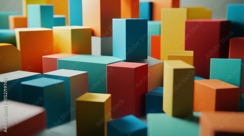 Poster A creative building blocks scene in a futuristic studio, Blocks arranged in a geometric pattern, Futuristic design style