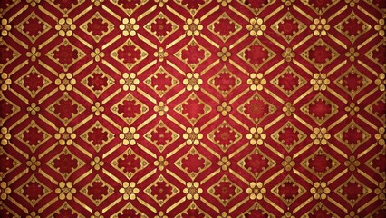 Distressed red geometric patterned wallpaper with gold accents , gold accents, geometric,  gold accents