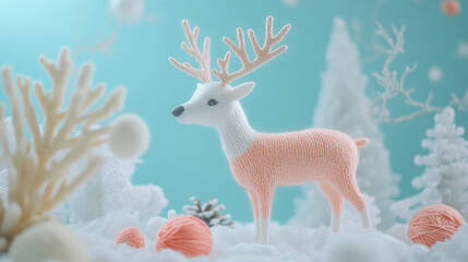 Obraz premium A playful pastel pink reindeer leaps over a knitted snowdrift, bringing charm to the holiday scene.