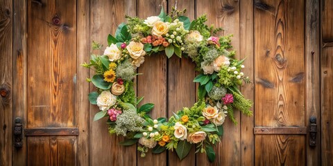Vintage floral wreath with laurel leaves and flowers on a wooden door, summer blooms, home decor inspiration