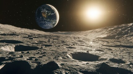 Earthrise over the lunar surface: A breathtaking view from the moon showcasing the vibrant blue planet against the stark lunar landscape. A cosmic panorama.