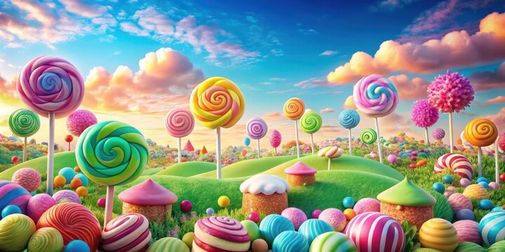 Colorful Candy Land with rolling hills, gumdrop trees and lollipop flowers, set against a bright blue sky with fluffy white clouds , gumdrop trees, candy themed landscape