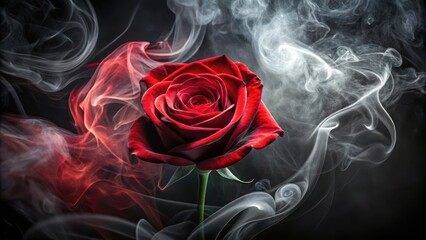 rose wrapped in red smoke swirl on black background, velvet darkness, opulence,  velvet darkness, opulence, mist, flower