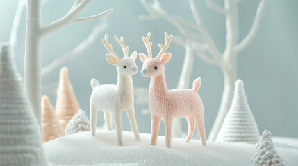 Obraz premium A serene scene of two pastel reindeer standing proudly on a yarn-textured hill, framed by softly glowing knitted trees.