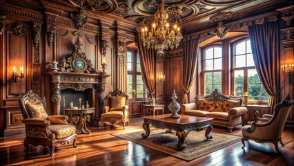 Obraz premium Aged wooden furniture with intricate carvings and ornate details sits in a dimly lit room with high ceilings and large windows adorned with heavy curtains , opulent decor, vintage furniture