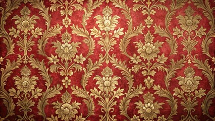 Distressed Red Floral Wallpaper with Gold Accents, red wallpaper, ornate details