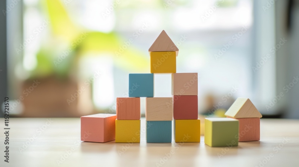 Poster A creative building blocks scene in a modern architectural studio, Blocks arranged in a futuristic design, Architectural creativity style