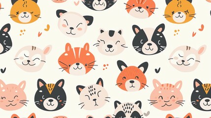 Fototapeta premium A seamless pattern of cute animal faces on a white background.