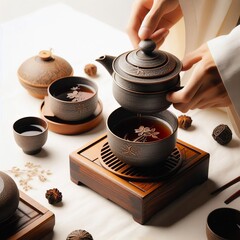 A close up of a Japanese tea ceremony on a white background