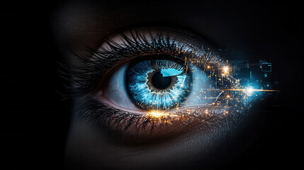 close up of human eye with glowing iris and digital elements, showcasing technology and beauty
