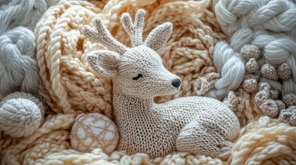 Obraz premium A knitted deer is laying on a pile of yarn