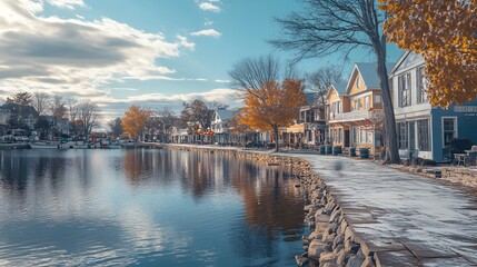 Autumnal Waterfront Village Scene With Calm Water And Boats