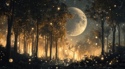 Enchanted Moonlight Forest: A Dreamlike Night in a Firefly Lit Woods