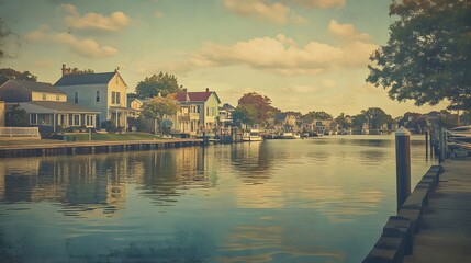 Naklejka premium Waterfront Homes Peaceful Canal Scene