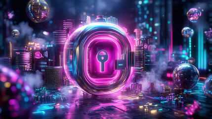 Obraz premium glowing password manager app visualized as secure lock in vibrant digital cityscape, symbolizing safety and technology
