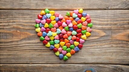 A cluster of colorful sweet heart candies on a wooden table, colorful sweets