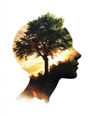 Double Exposure Art of Silhouette with Tree and Sunset Landscape