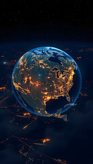 North America at Night. Stunning 3D Illustration of Earth Bathed in City Lights at Night, Dreamy, with white tones