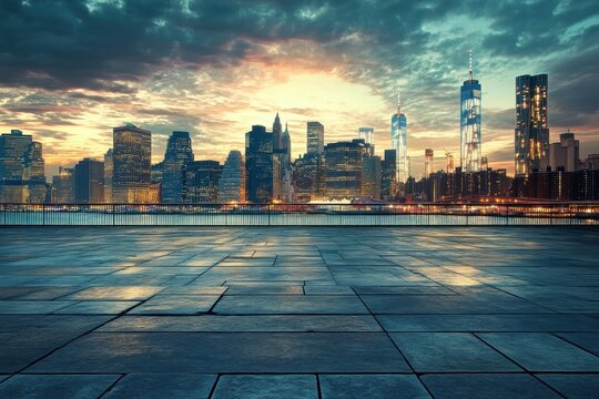 Dramatic sunset cityscape view from empty plaza.
