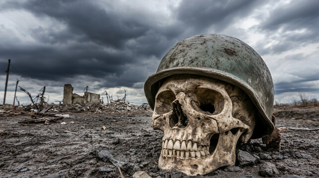 Human skull military helmet lying amidst urban wasteland ruin aftermath war destruction debris dilapidated structures haunting atmosphere kill death cruel cost decay life lost city story dark deep