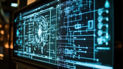 Obraz premium A futuristic digital interface displaying complex data and circuit designs.