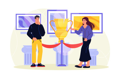 Visitors in museum. Man and woman near golden ancient vase. Art exhibition and gallery. Cultural recreation and leisure. Presentation and exhibition. Flat vector illustration