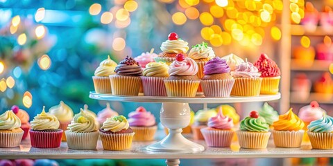 A colorful dessert stand with cupcakes on a blurred background, surrounded by pastel hues and sweet treats, enticing customers to try their flavors , tasty, dessert stand