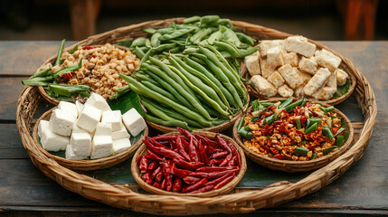 Fototapeta premium Fresh vegetables and spices arranged in market basket, showcasing vibrant colors and textures, perfect for culinary inspiration