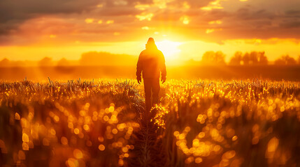 Obraz premium Person Walking in a Golden Field at Sunset with Vibrant Sky