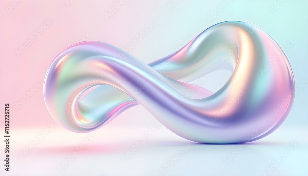 Poster Holographic gradient neon wave shape on a white background. 3d render of simple colorful ribbon. Gradient glass effect, holographic style, fluid and organic shapes, 3d wave background