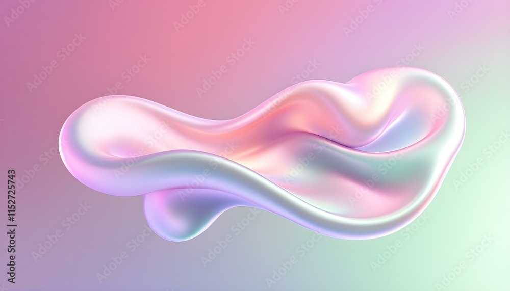 Poster Holographic gradient neon wave shape on a white background. 3d render of simple colorful ribbon. Gradient glass effect, holographic style, fluid and organic shapes, 3d wave background