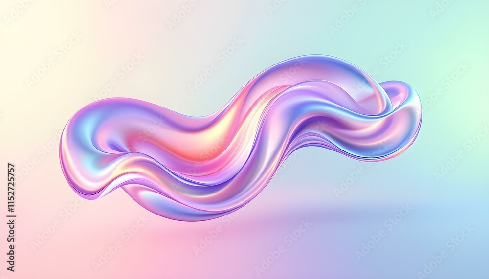 Aufkleber Holographic gradient neon wave shape on a white background. 3d render of simple colorful ribbon. Gradient glass effect, holographic style, fluid and organic shapes, 3d wave background