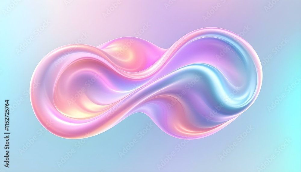 Poster Holographic gradient neon wave shape on a white background. 3d render of simple colorful ribbon. Gradient glass effect, holographic style, fluid and organic shapes, 3d wave background