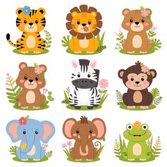 Fototapeta premium Set of ten sweet jungle animals with flowers, vibrant vector illustrations, medium eyes, white background.