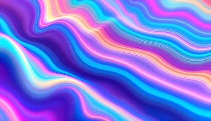 Obraz premium Holographic gradient wavy stripes vector background. Pastel rainbow distorted lines texture. Psychedelic color neon surface in cyan, blue, and pink. Vivid gradient distorted wavy stripes background